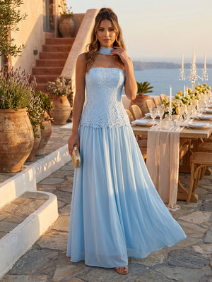 Chiffon A Line Strapless Long Formal Dresses with Lace