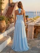 Chiffon A Line Strapless Long Formal Dresses with Lace
