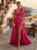 Satin A Line V Neck Spaghetti Straps Long Formal Dresses with Bow
