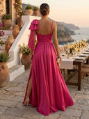 Satin A Line V Neck Spaghetti Straps Long Formal Dresses with Bow