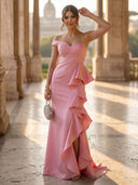 Satin Mermaid Sweetheart One Shoulder Long Formal Dresses with Slit