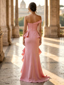 Satin Mermaid Sweetheart One Shoulder Long Formal Dresses with Slit Wedding Guest Maxi Dresses