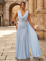 Chiffon Mermaid V Neck Sleeveless Long Formal Dresses with Pleated