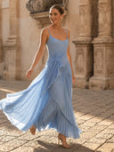 Chiffon Mermaid Scoop Neck Spaghetti Straps Long Formal Dresses with Pleated