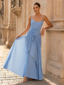 Chiffon Mermaid Scoop Neck Spaghetti Straps Long Formal Dresses with Pleated