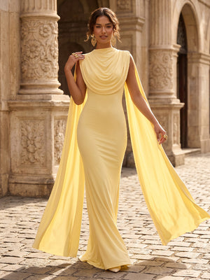 Chiffon Mermaid Cowl Neck Long Formal Dresses with Cape