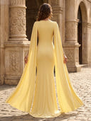 Chiffon Mermaid Cowl Neck Long Formal Dresses with Cape