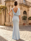 Satin Mermaid One Shoulder Long Formal Dresses with Pleated