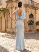 Satin Mermaid One Shoulder Long Formal Dresses with Pleated Wedding Guest Maxi Dresses