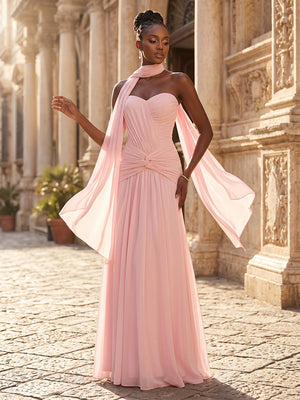 Chiffon Sheath Strapless Long Formal Dresses with Pleated