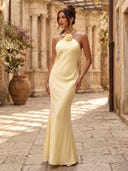 Satin Mermaid Halter Long Formal Dresses with 3D Flower