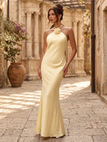 Satin Mermaid Halter Long Formal Dresses with 3D Flower