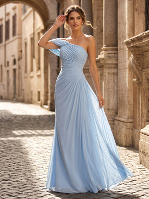Chiffon Sheath One Shoulder Long Formal Dresses with Pleated