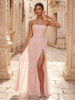 Chiffon Mermaid Strapless Long Formal Dresses with Slit