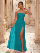 Chiffon A Line Formal Dresses Spaghetti Straps Tea Length Formal Dresses with Pleated Wedding Guest Maxi Dresses