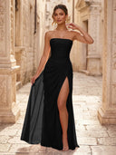 Chiffon A Line Formal Dresses Spaghetti Straps Tea Length Formal Dresses with Pleated Wedding Guest Maxi Dresses