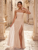 Chiffon A Line Formal Dresses Spaghetti Straps Tea Length Formal Dresses with Pleated Wedding Guest Maxi Dresses