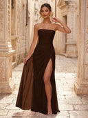 Chiffon A Line Formal Dresses Spaghetti Straps Tea Length Formal Dresses with Pleated Wedding Guest Maxi Dresses