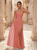 Chiffon A Line Formal Dresses Spaghetti Straps Tea Length Formal Dresses with Pleated Wedding Guest Maxi Dresses
