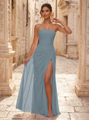 Chiffon A Line Formal Dresses Spaghetti Straps Tea Length Formal Dresses with Pleated Wedding Guest Maxi Dresses