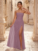 Chiffon A Line Formal Dresses Spaghetti Straps Tea Length Formal Dresses with Pleated Wedding Guest Maxi Dresses