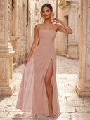 Chiffon A Line Formal Dresses Spaghetti Straps Tea Length Formal Dresses with Pleated Wedding Guest Maxi Dresses