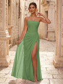 Chiffon A Line Formal Dresses Spaghetti Straps Tea Length Formal Dresses with Pleated Wedding Guest Maxi Dresses