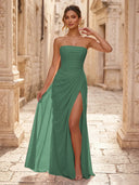 Chiffon A Line Formal Dresses Spaghetti Straps Tea Length Formal Dresses with Pleated Wedding Guest Maxi Dresses