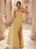 Chiffon A Line Formal Dresses Spaghetti Straps Tea Length Formal Dresses with Pleated Wedding Guest Maxi Dresses