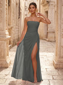 Chiffon A Line Formal Dresses Spaghetti Straps Tea Length Formal Dresses with Pleated Wedding Guest Maxi Dresses