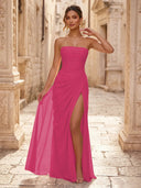 Chiffon A Line Formal Dresses Spaghetti Straps Tea Length Formal Dresses with Pleated Wedding Guest Maxi Dresses