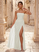 Chiffon A Line Formal Dresses Spaghetti Straps Tea Length Formal Dresses with Pleated Wedding Guest Maxi Dresses