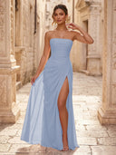 Chiffon A Line Formal Dresses Spaghetti Straps Tea Length Formal Dresses with Pleated Wedding Guest Maxi Dresses
