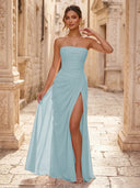Chiffon A Line Formal Dresses Spaghetti Straps Tea Length Formal Dresses with Pleated Wedding Guest Maxi Dresses