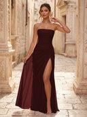 Chiffon A Line Formal Dresses Spaghetti Straps Tea Length Formal Dresses with Pleated Wedding Guest Maxi Dresses