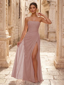 Chiffon A Line Formal Dresses Spaghetti Straps Tea Length Formal Dresses with Pleated Wedding Guest Maxi Dresses