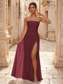 Chiffon A Line Formal Dresses Spaghetti Straps Tea Length Formal Dresses with Pleated Wedding Guest Maxi Dresses