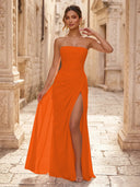 Chiffon A Line Formal Dresses Spaghetti Straps Tea Length Formal Dresses with Pleated Wedding Guest Maxi Dresses