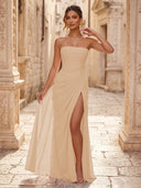 Chiffon A Line Formal Dresses Spaghetti Straps Tea Length Formal Dresses with Pleated Wedding Guest Maxi Dresses