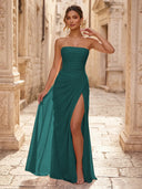 Chiffon A Line Formal Dresses Spaghetti Straps Tea Length Formal Dresses with Pleated Wedding Guest Maxi Dresses