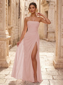 Chiffon A Line Formal Dresses Spaghetti Straps Tea Length Formal Dresses with Pleated Wedding Guest Maxi Dresses