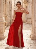 Chiffon A Line Formal Dresses Spaghetti Straps Tea Length Formal Dresses with Pleated Wedding Guest Maxi Dresses
