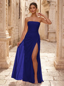 Chiffon A Line Formal Dresses Spaghetti Straps Tea Length Formal Dresses with Pleated Wedding Guest Maxi Dresses