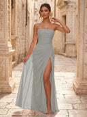 Chiffon A Line Formal Dresses Spaghetti Straps Tea Length Formal Dresses with Pleated Wedding Guest Maxi Dresses