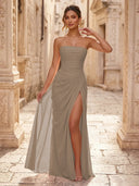Chiffon A Line Formal Dresses Spaghetti Straps Tea Length Formal Dresses with Pleated Wedding Guest Maxi Dresses