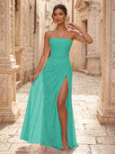 Chiffon A Line Formal Dresses Spaghetti Straps Tea Length Formal Dresses with Pleated Wedding Guest Maxi Dresses