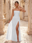 Chiffon A Line Formal Dresses Spaghetti Straps Tea Length Formal Dresses with Pleated Wedding Guest Maxi Dresses