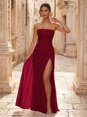 Chiffon A Line Formal Dresses Spaghetti Straps Tea Length Formal Dresses with Pleated Wedding Guest Maxi Dresses