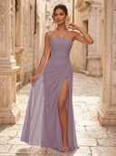 Chiffon A Line Formal Dresses Spaghetti Straps Tea Length Formal Dresses with Pleated Wedding Guest Maxi Dresses