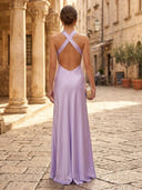 Satin Sheath Halter Long Formal Dresses with Pleated